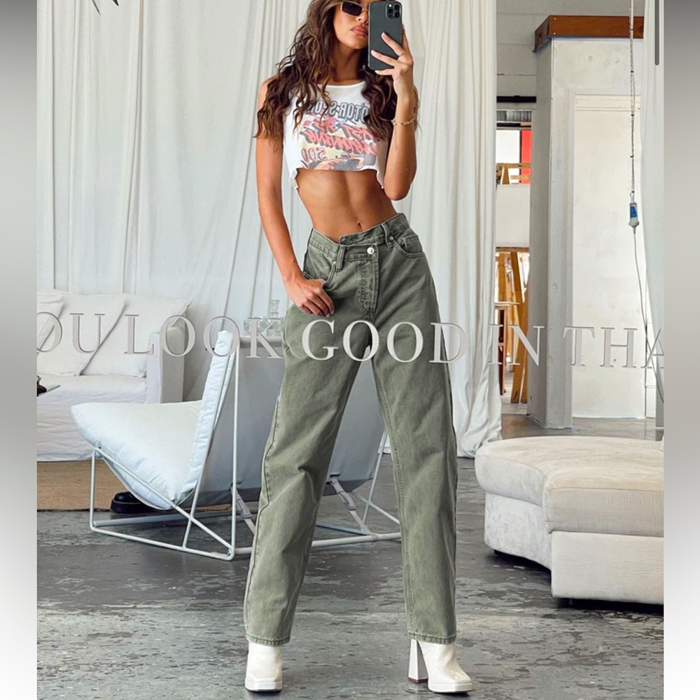 Princess Polly Holly Asymmetric Straight Leg Jean Green Denim
